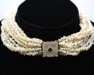 Cultured Pearl Necklace (clasp with green stone)