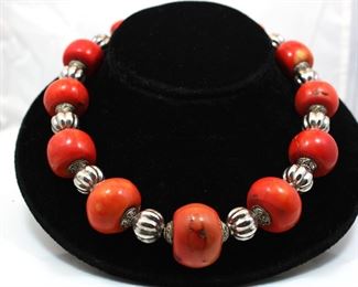 Coral and Silver Bead Necklace