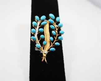 18K Yellow Gold Leaf Pin with Turquoise Stones