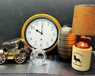 Clock, Brass Vase, 2 Decorative Pieces