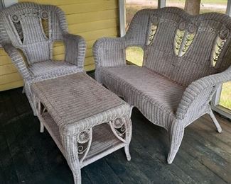 3 pc vintage wicker love seat, chair and matching table