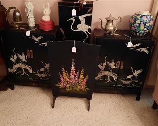 2 oriental cabinets and tall stand, wood screen with flowers