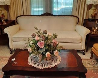 victorian sofa and long rectangular mahogany ball and claw coffee table