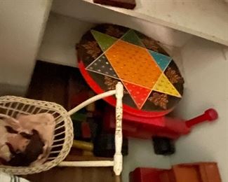 Vintage Toys and Wicker Baby Buggy 