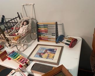 Wicker Doll Carriage and Fisher Price Toys