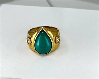 18K yellow gold ring with teardrop shape Turquoise & Diamonds. 12.20 gr. $680.-