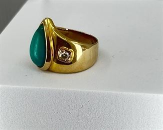 18K yellow gold ring with teardrop shape Turquoise & Diamonds. 12.20 gr. $680.-
