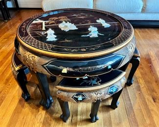 BLACK INLAID MOTHER OF PEARL CHINESE TEA TABLE & STOOLS