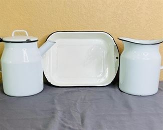 Enamelware Pitchers and Roasting Pan