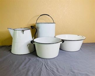 Enamelware Pots, Watering Jug and Bowls