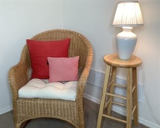 Wicker Rocking Chair and Wooden Stool with Lamp