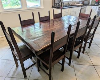 "SLEEPER-WOOD" BURMESE TEAK DINING TABLE
● In the 1800’s the British brought railroad transportation to southern Africa. But because of a lack of reliable local timber, they imported much of the wood needed for the railroad ties from
British colonies elsewhere. 
● By the 1990's, these railroad ties (British call them “Sleepers”) finally began being replaced by concrete sleepers.
● Local furniture artisans bought huge piles of these old sleepers as they were made from ancient tropical hardwoods - Teak from Burma being one of the most
prized. The rustic furniture made from the railroads thus became locally known as Sleeper Wood Furniture.
● Having survived 150 years underground in Africa with borer-beetles gnawing at them and steam locomotives dropping coal on them, these pieces were custom-made for a South African immigrant to the US. None of this furniture has ever seen urethane, polish or stain on them. The wood oils protect it naturally, but an occasional wipe with mineral oil (o