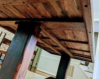 "SLEEPER-WOOD" BURMESE TEAK DINING TABLE
● In the 1800’s the British brought railroad transportation to southern Africa. But because of a lack of reliable local timber, they imported much of the wood needed for the railroad ties from
British colonies elsewhere. 
● By the 1990's, these railroad ties (British call them “Sleepers”) finally began being replaced by concrete sleepers.
● Local furniture artisans bought huge piles of these old sleepers as they were made from ancient tropical hardwoods - Teak from Burma being one of the most
prized. The rustic furniture made from the railroads thus became locally known as Sleeper Wood Furniture.
● Having survived 150 years underground in Africa with borer-beetles gnawing at them and steam locomotives dropping coal on them, these pieces were custom-made for a South African immigrant to the US. None of this furniture has ever seen urethane, polish or stain on them. The wood oils protect it naturally, but an occasional wipe with mineral oil (o