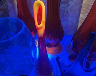 Orange Uranium Glow Glass Swung Vases - Viking, Fenton & LE Smith 