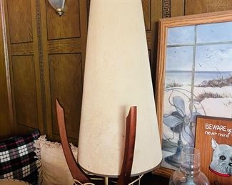 Modeline, Teak or Walnut, Wood Lamp, Sculpted Design, 1950- 1959 by Adrian Persall.  This has the original  Long Cone Shade (shade has come off of frame).