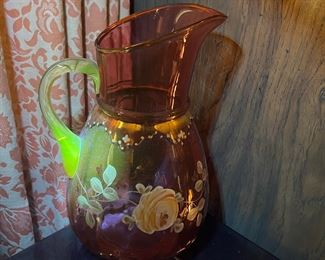 Uranium Glow Cranberry Glass Pitcher w/ Glasses 