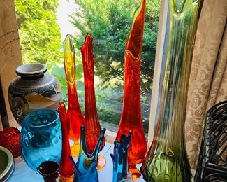 Orange, LE Smith, Swung Vase, Round-Footed, 17” Tall.