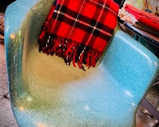 Chromcraft Fiberglass Shell Chairs, two with arms and two without, 
Turquoise; 4 in total. No cracks 
Herman Miller Mini-Round Conference Table, 36-inch with Wood Grain Laminate Top - has original Herman Miller Sticker on underside of table, designed by Charles Eames.  