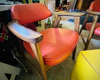 Gunlocke style Danish armchairs with original orange upholstery, pair.  Solid wood frame with nail head trim.  1960's Exellent condition & Parsons Cube Side Table, Bright Yellow, 24”x24”x16”.