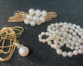 Genuine Pearl And Diamond Pendant Necklace Strand Of Pearls And Pearl Pin