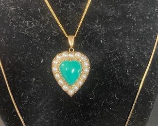 Pearl And Presumed Turquoise Pendant Necklace With 14k Chain And 14k Flat Gold Chain