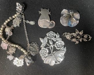 Sterling Silver Cat And Floral Pins