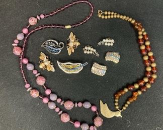 Trifari Brooch Coco Craft Sterling Bee Pins and Genuine Pearl Clipon Earrings