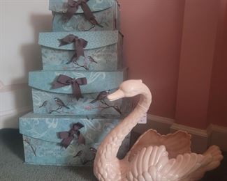 Large pink ceramic swan and 4pc. Set od decorative storage boxes