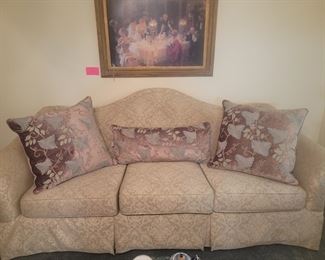 Thomasville camel back sofa & wool krewl work down pillow set of three
