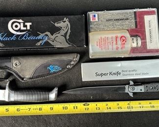 Big Boy Stiletto Super Knife Colt Black Beauty Knife And Sheath Hard Arkansas Honing Kit