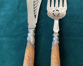 Antique Sterling Silver & Antler Fish Knife & Fork Set!!