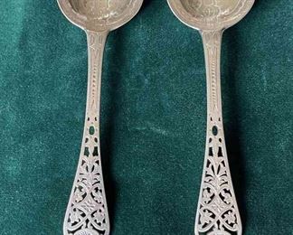 2 Antique Silver Serving Spoons with Lion & Crest Markings
