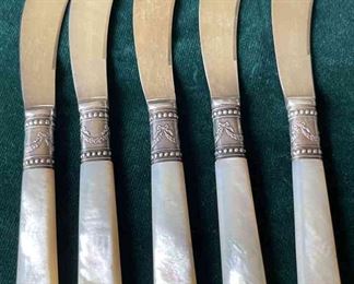 5 Meriden Cutlery 1855 Mother of Pearl & Sterling Silver Banded Butter Knives