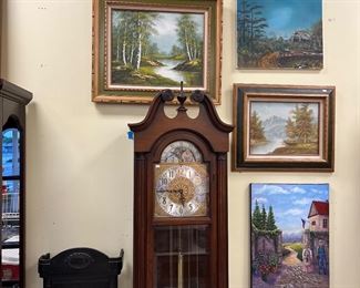 Grandfather clock. Wall clock. Oil paintings.