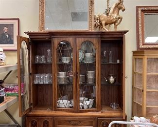 China cabinet with fine china inside! Noritake and more! Large antique gilded mirror.