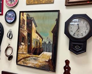 Some amazing art. New Haven Clock. Old Train Signs.