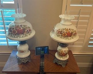 pair of vintage lamps and matching retro end tables 