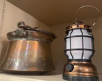 antique copper pot w/ handle   , lantern- ALL  KINDS OF FUN THINGS TO FIND AT THIS 2 DAY SALE 