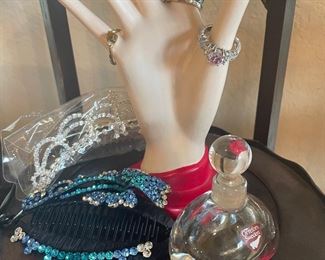 costume  - new bling-ed out hair clips and orefors crystal perfume bottle 