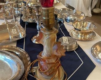 very vintage glass lamp- works   we could lose the red bulb    .. but this is how it was :)