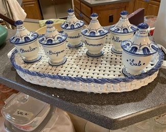 all ITALY  all the way - collectible blue and white spice jars  -- tray sold sep - but looks fabulous with the spice jars- 