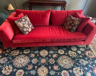 Gorgeous red velvet couch with throw pillows. 
This item is available for online-only presale starting Wednesday/June 21st. Text or email for pricing, purchasing, or with questions: 
Email: nashville@entrustedestatesales.com
Text: 615-854-8535