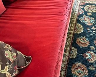 Gorgeous red velvet sofa with 4 throw pillows. 

This item is available for online-only presale starting Wednesday/June 21st. Text or email for pricing, purchasing, or with questions: 
Email: nashville@entrustedestatesales.com
Text: 615-854-8535