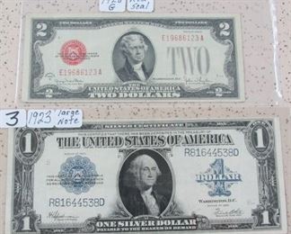 1928 G Red Seal $2.00 Note & 1923 Large $1.00 Silver Certificate 