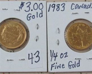 Rare 1854 Gold $3.00 Coin & 1983 Canadian Maple Leaf 1/4 oz Fine Gold $10.00 Coin