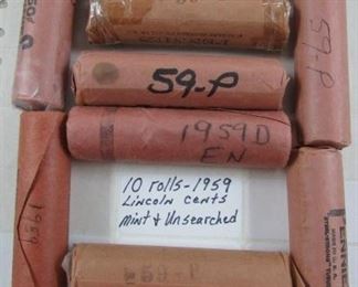 10 Rolls - 1959 Lincoln Cents - Mint & Unsearched