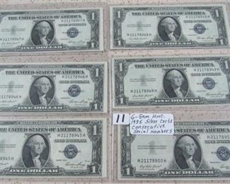 6 - Gem UNC.  1935 $1.00 Silver Certificates - Consecutive Serial Numbers