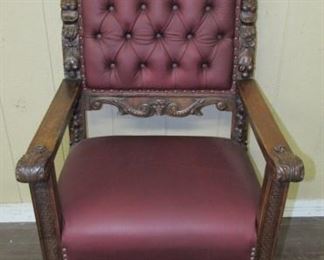 Carved Leather Chair w/Claw Feet & Carved Faces on Back Also