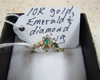 10K, Emerald & Diamond Ring