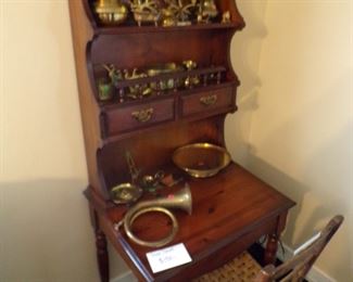 Pine desk, primitive chair, collection brass